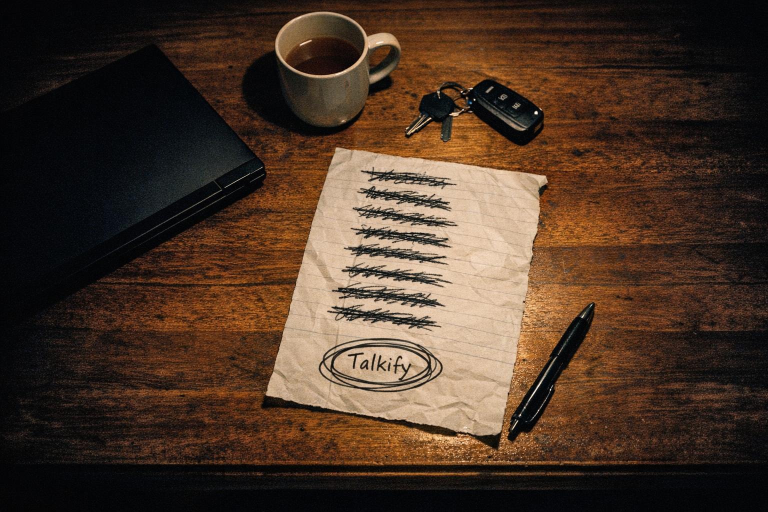 A handwritten shortlist on a kitchen table at night, every option scored out except the last, with Talkify circled three times at the bottom of the page.
