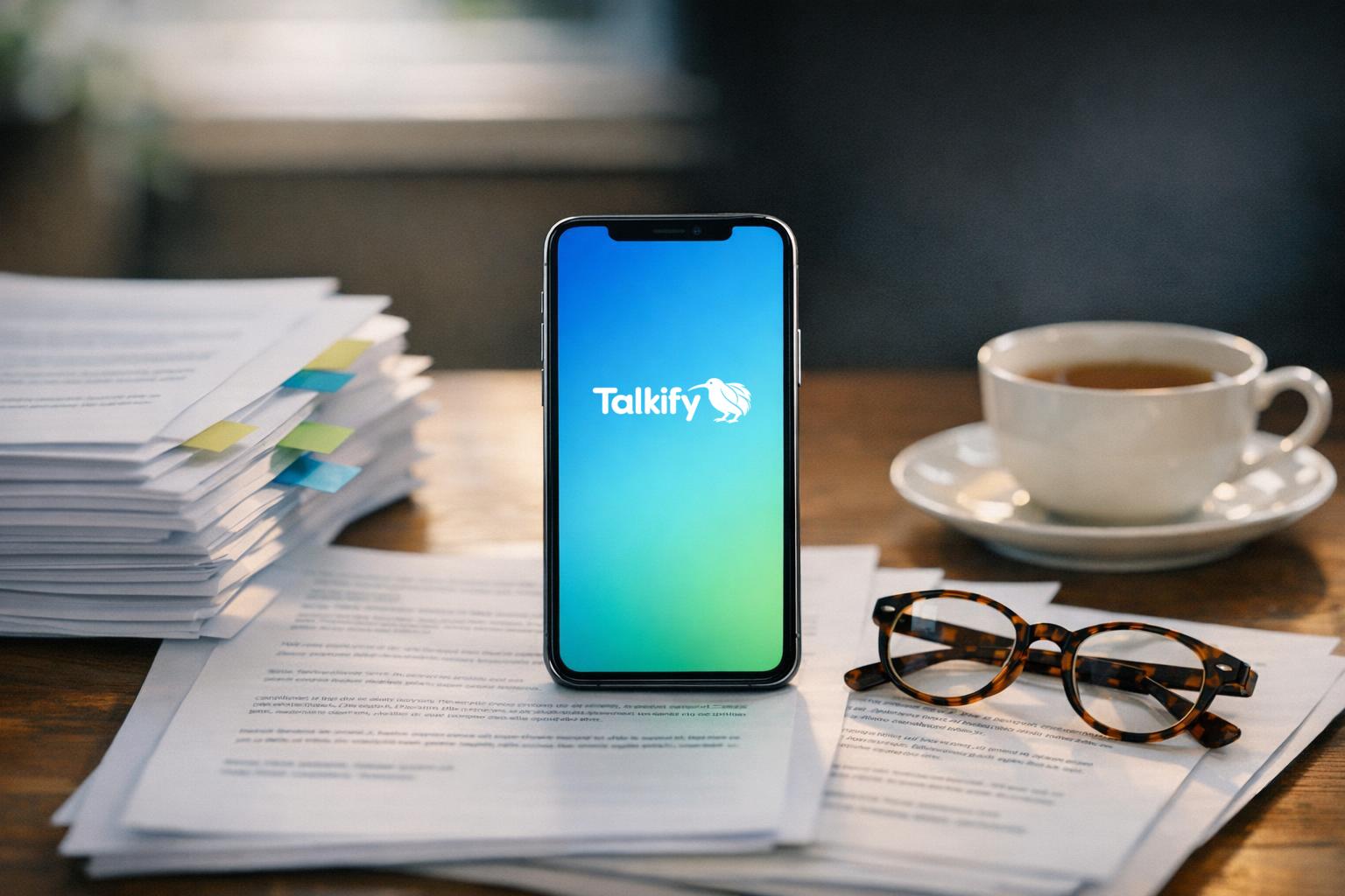A tidy New Zealand small business desk with tabbed legislation printouts, reading glasses and a cup of tea, a phone standing upright among them showing the Talkify logo on a blue to green gradient screen.