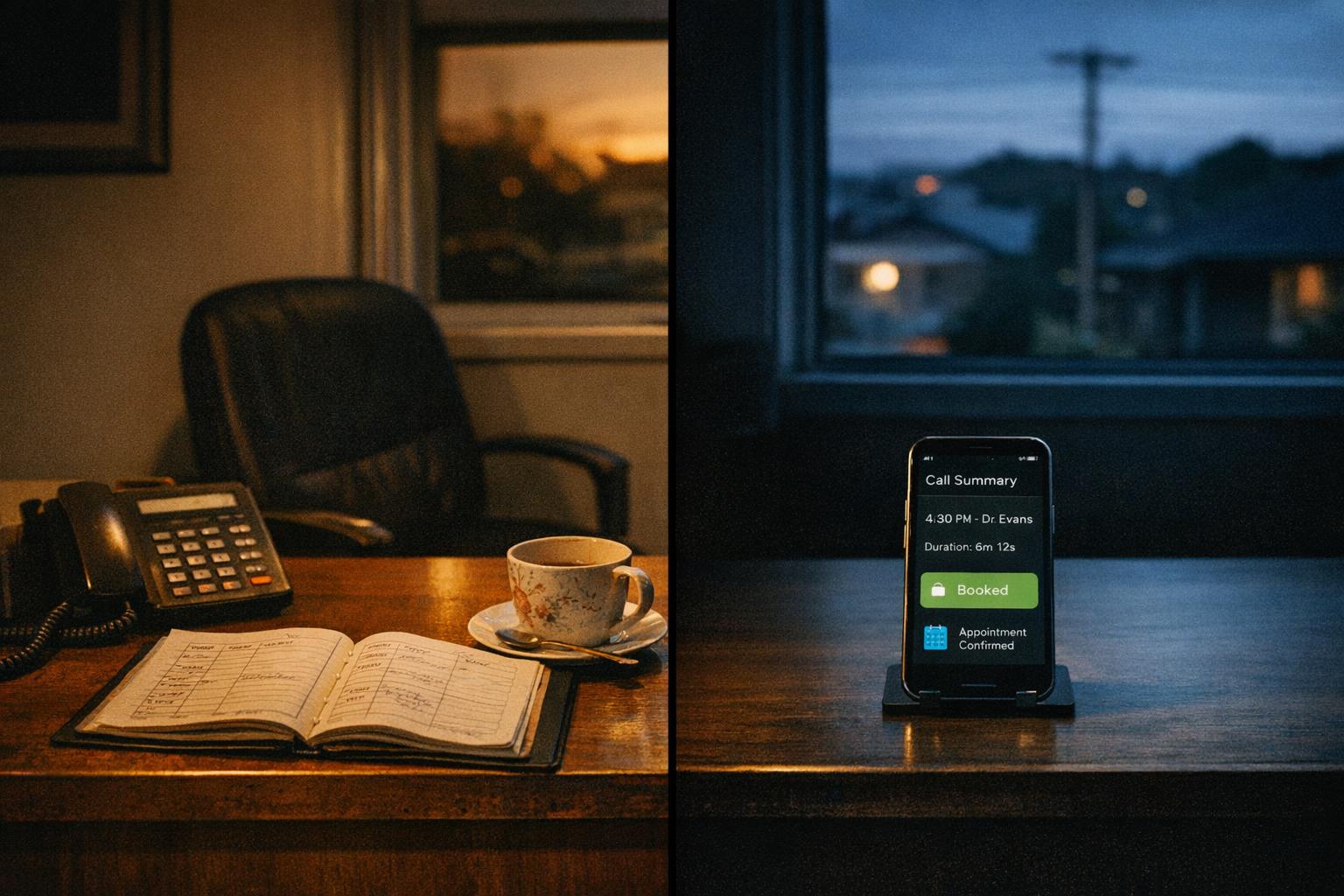 A split scene in a small NZ office: a traditional reception desk with a corded phone and paper diary on one side, and a smartphone showing a Talkify call summary with a booked appointment on the other.