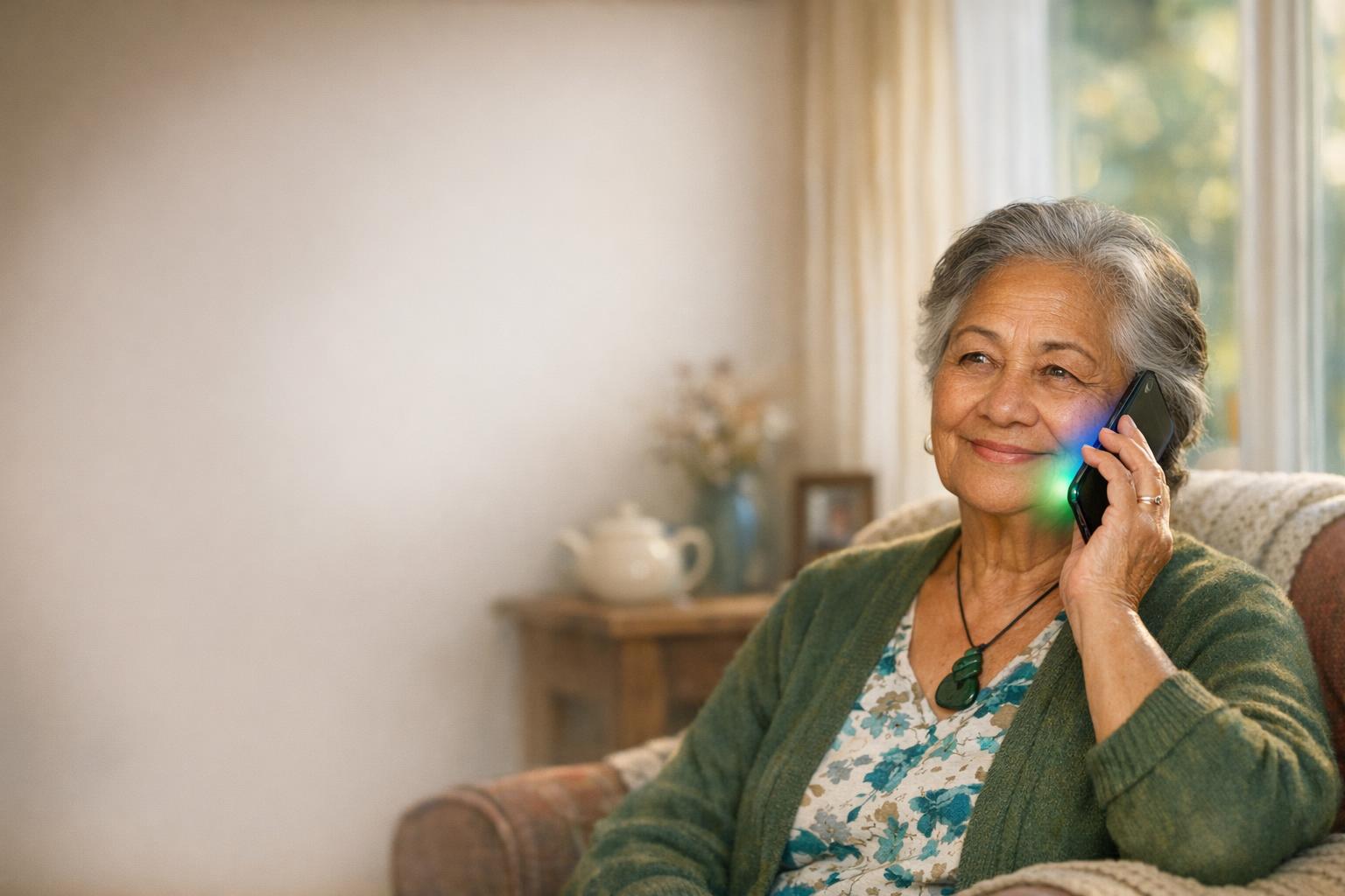 An older New Zealand woman with a pounamu pendant sitting at home, smiling gently during a friendly check-in call, a soft blue to green glow from her phone.