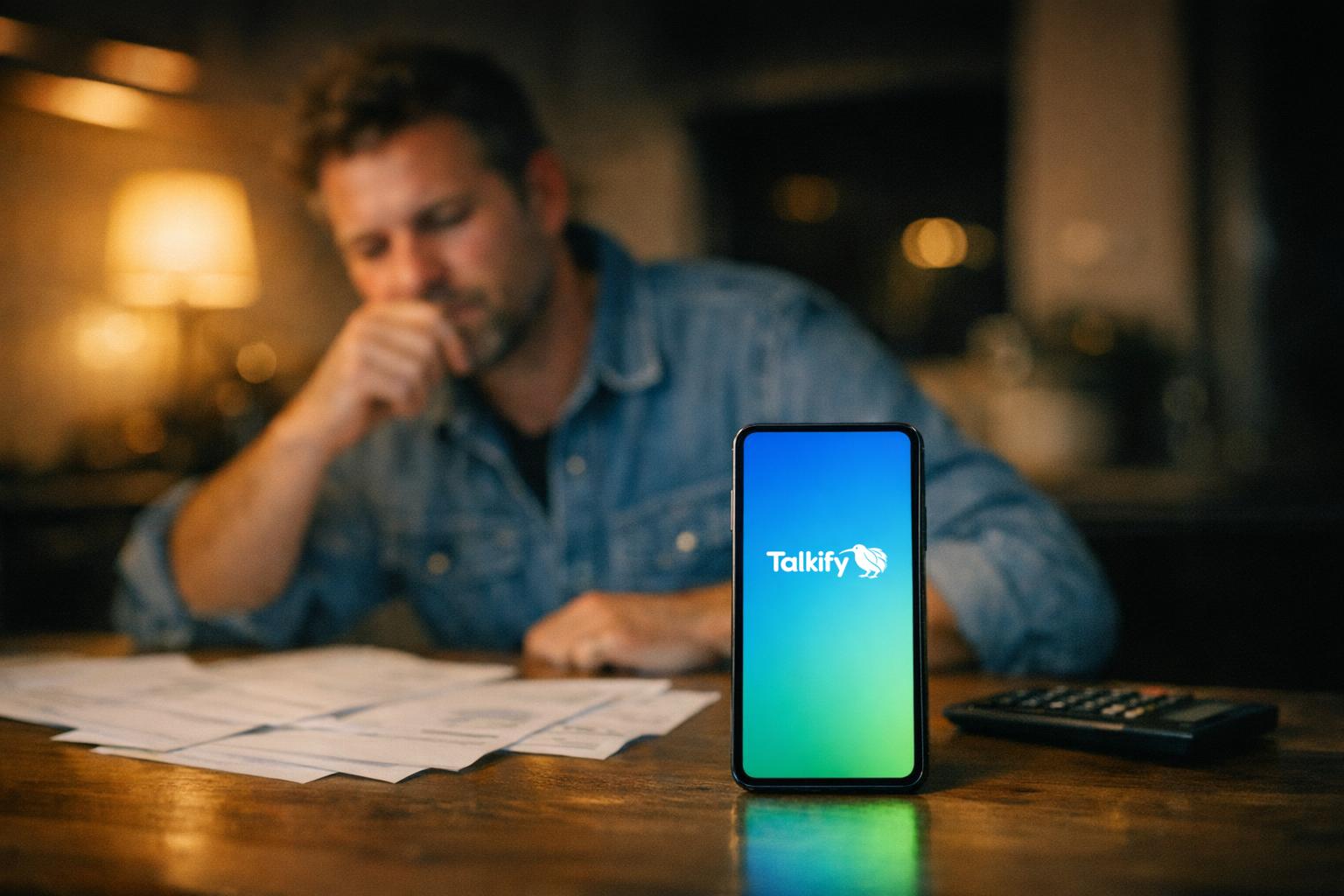 A New Zealand tradie at his kitchen table at night thinking over a spread of invoices, with a phone standing upright in front of him showing the Talkify logo on a blue to green gradient screen.