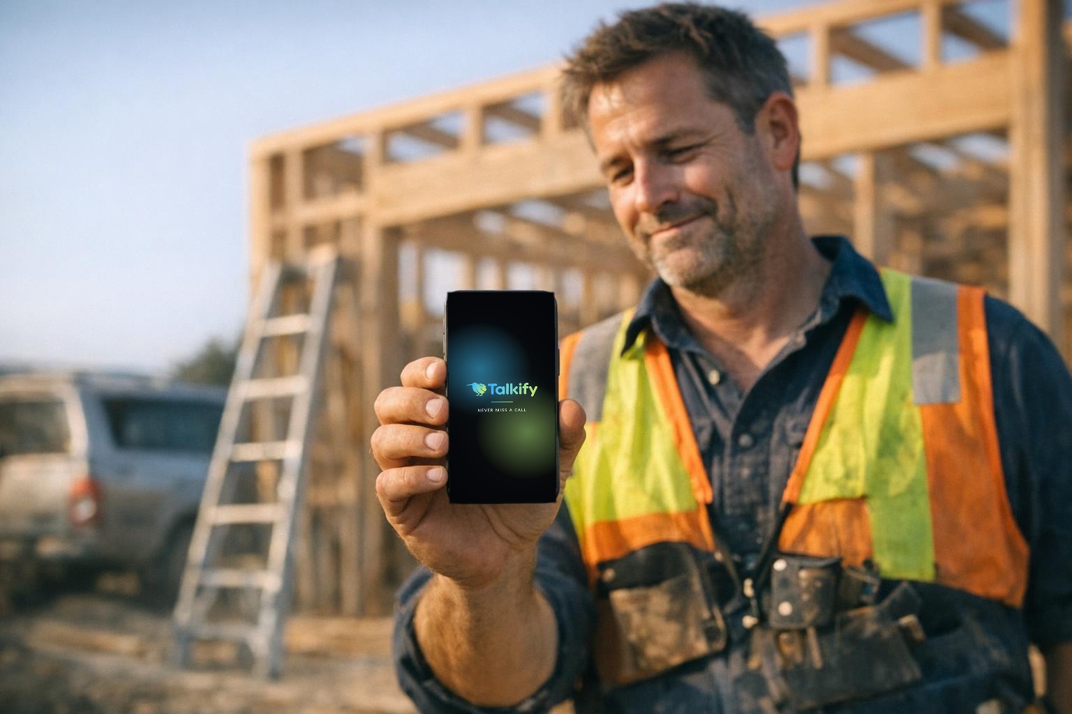 A New Zealand builder in hi-vis on a partly framed house site, holding up a phone showing the Talkify logo lit by a blue and green glow.