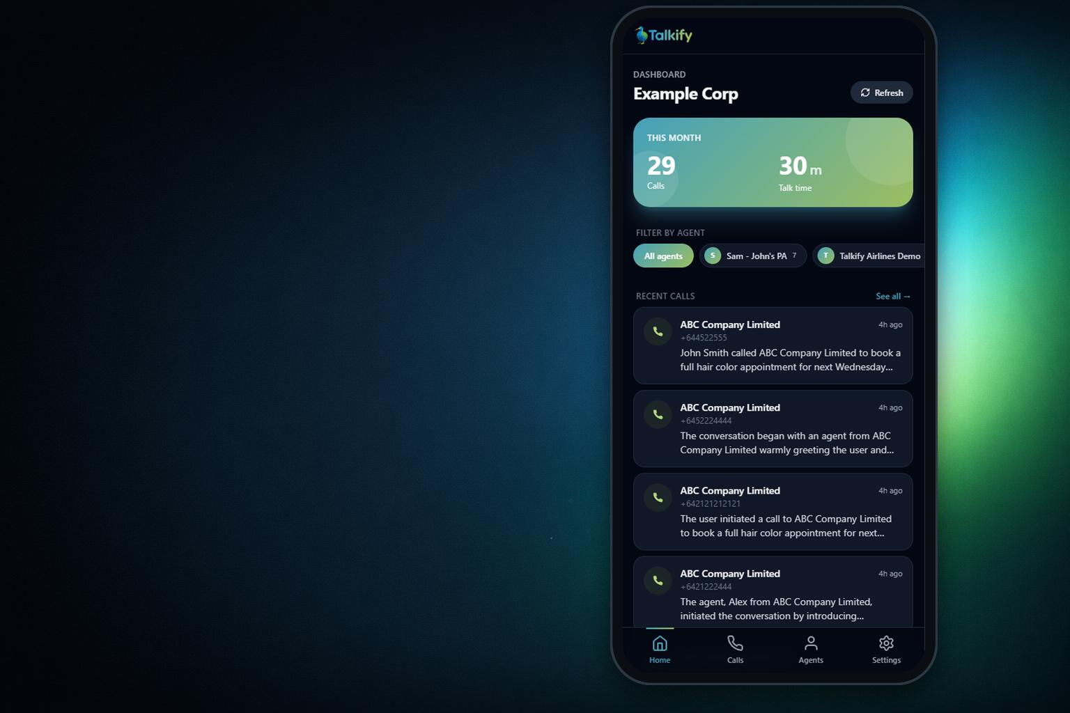 The Talkify mobile app dashboard shown inside a phone on a brand background, with this month's calls and talk time and a list of recent calls.