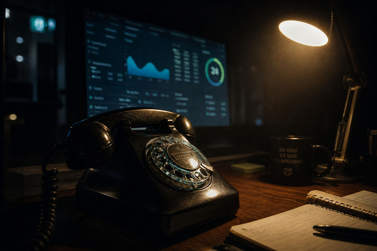 A small NZ workshop after dark with a desk phone showing 14 unread voicemails, the red voicemail light pulsing.